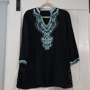 Ulu Black Tunic with Blue Embroidery